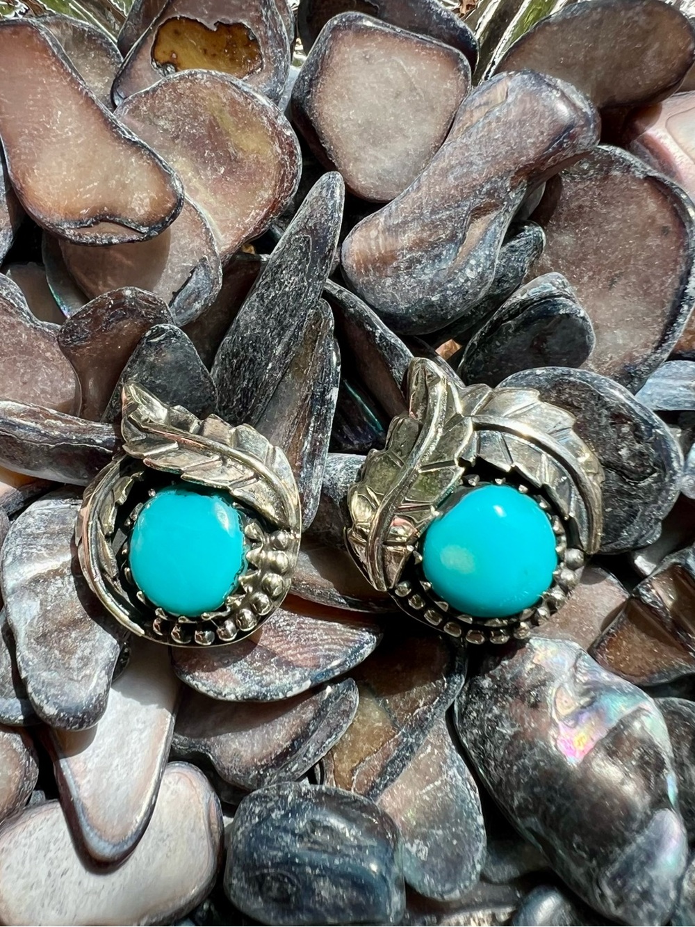 Kingman Turquoise Sterling Silver Leaf Stud Earrings Post Back 925 - Picture 2 of 7